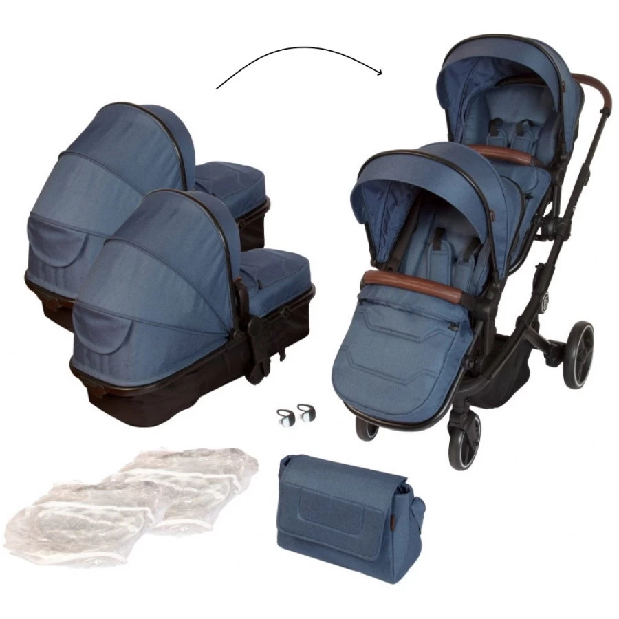 Babygo Twinner Blue Tandem Duowagen Incl. 2 Autostoelen - Afbeelding 2