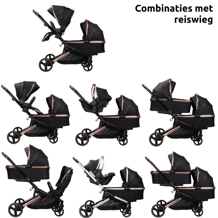 Ding Amigo Black/Rose Tweeling Kinderwagen Incl. 2 Autostoelen DI-191711 - Afbeelding 6